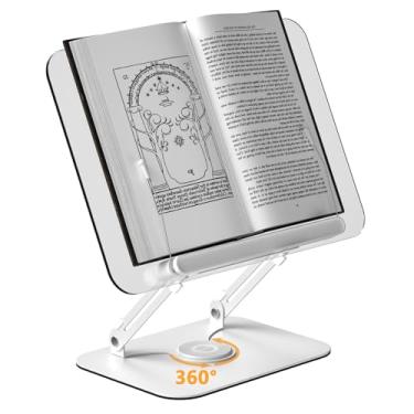 Imagem de Suporte de acrílico para livros com base giratória de 360°, suporte de livro ajustável com clipes de página, suporte de mesa dobrável para receita, partituras musicais, laptop, tablet, livro de