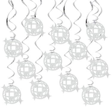 Imagem de BEISHIDA 15 peças decorações de festa de discoteca pré-amarrada prata glitter bola de discoteca pendurada redemoinho decorações para festa temática dos anos 70 anos 1970 lembrancinhas de festa de