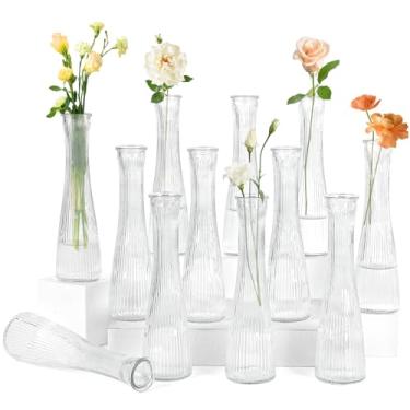 Imagem de Vasos de vidro a granel 12 peças - Vasos de centro de mesa de casamento com nervuras transparentes, vasos de flores pequenos para decoração de mesa, eventos de festa e decoração de casa