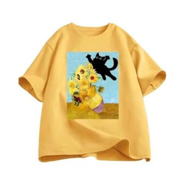Imagem de Camiseta Feminina De Verão Com Estampa De Gato E Girassóis, Estilo Vin