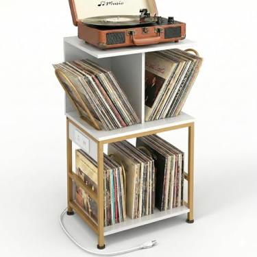 Imagem de ZEXVIDA Suporte para toca-discos com armazenamento de vinil, grande mesa para gravar 180 álbuns, suporte de armazenamento de discos de vinil com carregador USB, mesa lateral multifuncional e