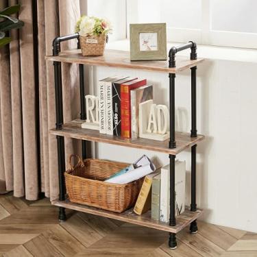 Imagem de Estante aberta industrial, estante de tubos de ferro com madeira maciça, suporte de armazenamento de exibição Prateleira para sala de estar, cozinha, escritório (marrom desgastado, 74,88 cm C x 30 cm L x 99 cm A)