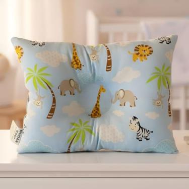 Imagem de Travesseiro Anatômico para Bebê Safari Azul com Estampa de Animais 27x37cm Fibra Siliconada Hipoalergênica para Berço e Carrinho