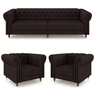 Imagem de Conjunto 1 Sofá Living 260cm E 2 Poltronas Stanford Chesterfield Pés Madeira Couro Marrom G58 Gran Belo