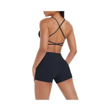 Imagem de Conjunto De Yoga Feminino De Cintura Alta Com Top Halter E Shorts De T