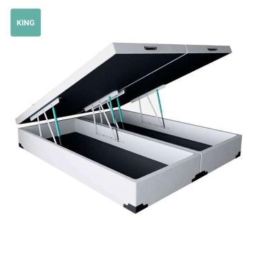Imagem de Cama Box com Baú King Bipartido Suede Branca 193x203 Estrutura em Madeira Abertura Pneumática Branco