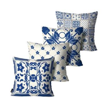 Imagem de Kit com 4 Capas para Almofadas Mdcore Portuguesa Azul 45x45 - mdecore