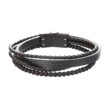 Imagem de Bracelete Aço Couro Preto Com Fio Trançado E Labradorita - Rosso Desig