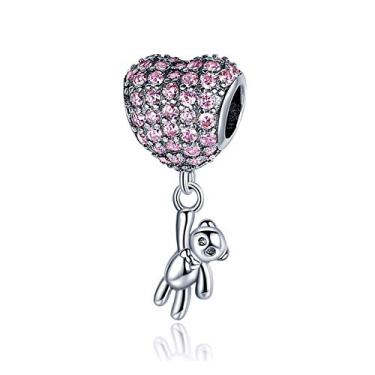 Imagem de Pulseiras com pingente de prata da Via Láctea e céu estrelado, joias para mulheres esmaltadas processadas com pingentes de prata esterlina 925 (coração urso rosa cúbico)