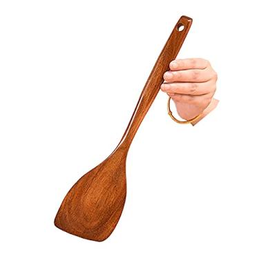 Imagem de UPTALY Pá oblíqua de madeira (34cm x 8cm), pá de teca natural extralonga, espátula de madeira para cozinhar, pá de cozinha resistente, espátula de madeira para panela antiaderente, utensílios de cozinha