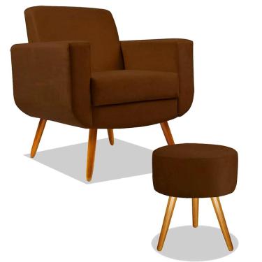Imagem de Combo Poltrona Decorativa Cristal com Puff Redondo Pés Madeira Suede Marrom