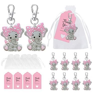 Imagem de RekTak Presentes de chá de bebê: chaveiros It's A Girl Elephant + sacos de organza + etiquetas de agradecimento, presentes para convidados para meninas lembrancinhas de batismo (pacote com 20)