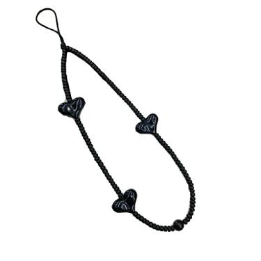 Imagem de Wekicici Cordão de telefone celular com contas de coração preto feito à mão argila acrílico charme telefone Y2K corrente de pulso chaveiro de telefone para mulheres adolescentes meninas, Acrílico