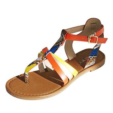 Imagem de Sandália feminina com tira de bloco de cores sandálias femininas com fivela serpentina sapatos de praia plana bico aberto respirável (laranja, 10,5)