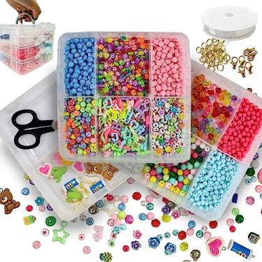 Imagem de Kit Miçangas Grande Completo Letras Bolinhas Coloridas Perolas Entremeios Pingentes Fio de Silicone Tesoura Para Montar Pulseiras Brincos Colar Infantil