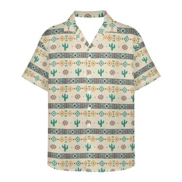 Imagem de Yewattles Blusa masculina de botão na moda, para negócios, elegante, macia, caimento moderno, manga curta, camisa para trabalho, Cactus Tribal, XXG