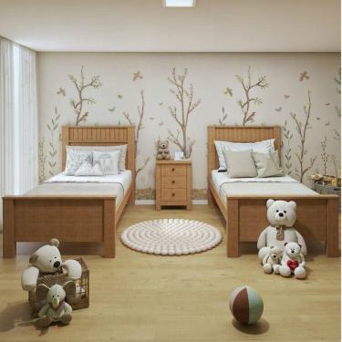 Imagem de Quarto Infantil com 2 Camas Solteiro Athenas Plus e Mesa de Cabeceira 3 Gavetas Maggiore New Amêndoa Clean