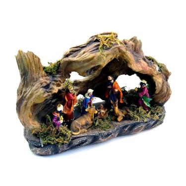 Imagem de Escultura Decorativa Iluminada Presépio Gruta Resina Rústica