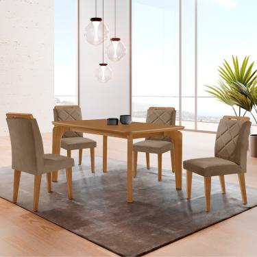 Imagem de Mesa de Jantar Liz 120cm MDF Canto copo e com 4 Cadeiras Melissa - Veludo Capuccino/Naturalle