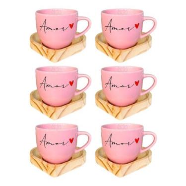 Imagem de Kit 6 Xícaras Paris Rosa 170ml Amor Moderna Com Pires De Coração - Por