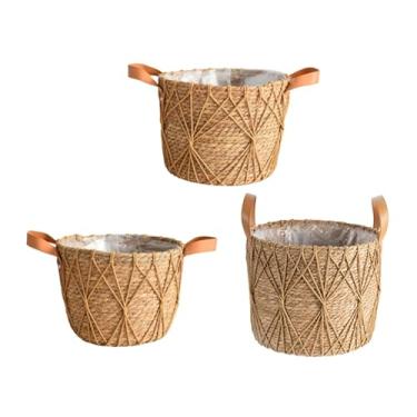 Imagem de Gralara 3Pcs Cestas de palha trançadas para plantadores Cestas trançadas Cestas decorativas de plantas Boho Cestas de armazenamento para vasos de plantas, Cáqui