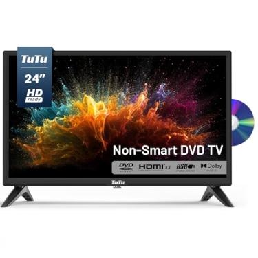 Imagem de TuTu TV de 24 tnch com leitor de DVD embutido, TV de tela plana pequena LED HD 720p com 3 HDMI, USB, VGA óptico, opera simplesmente não Smart TV, adequado para cozinha, quarto infantil, porão, trailer