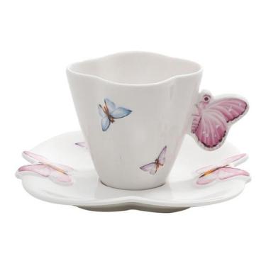 Imagem de Xicara Avulsa 100ml Café Borboletas Porcelana Com Pires Branco - Wolff