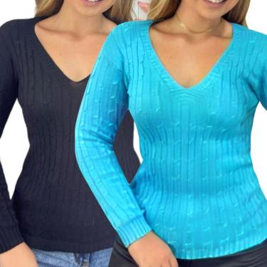 Imagem de Kit 2 Blusas Industrie Femininas Suéter Malha Tricô e Turquesa Manga Longa Tamanho:Único;Cor:-Feminino