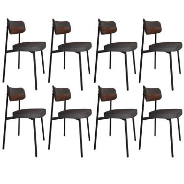 Imagem de Kit 08 Cadeiras Estofada Para Sala De Jantar Astrid Preto C01 Linho Preto Courino Whisky - Lyam Decor