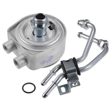 Imagem de VekAuto Kit de refrigerador de óleo do motor compatível com Chevrolet Camaro 2016-2020, radiador de óleo de transmissão de tom prateado de liga de alumínio durável com vedações O-ring e tubo de