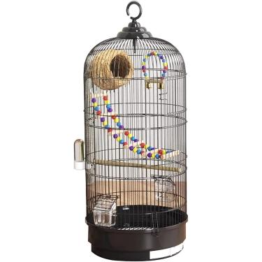 Imagem de Gaiola de pássaro de metal redonda, casa de pássaros resistentes e ventilados para pombinhos, periquitos, periquitos e pássaros pequenos, gaiola de papagaios internos e externos, preto
