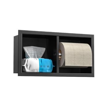 Imagem de Bernkot Suporte de papel higiênico de rolo duplo, suporte de papel higiênico embutido para reforma de banheiro, aço inoxidável 304 horizontal papel higiênico nicho (preto fosco)
