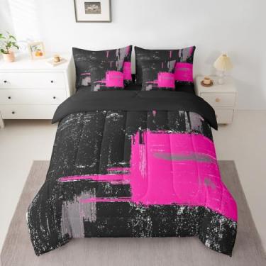 Imagem de Feelyou Conjunto de cama preto rosa choque inclui edredom, conjunto de lençóis geométricos, tamanho solteiro, 7 peças, para meninos e meninas, conjunto de cama abstrato, decoração de quarto, arte