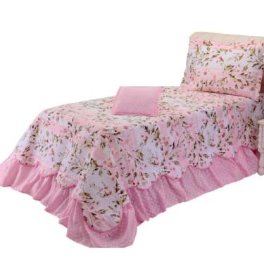 Imagem de Jogo de Cama Cobre Leito Solteiro, 3 Peças, com Babados, Rosa Lírio