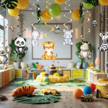 Imagem de Decorações para pendurar safári – 16 peças decorações de redemoinho de safári dupla face para aniversário, chá de bebê, festa de primavera, decoração de caubói, enfeites de alumínio prontos para