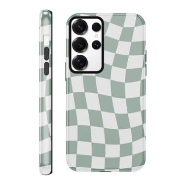 Imagem de Yomjew Linda capa de telefone quadriculada para Samsung Galaxy S21 Ultra 5G capa de 6,8 polegadas, estampa de treliça quadriculada verde coquete design brilhante à prova de choque TPU proteção de PC