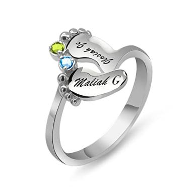 Imagem de AREH Cute Baby Feet Anel de mãe personalizado com pedras de nascimento 1/2/3/4 Nome gravado personalizado para avó mãe família anel prata esterlina, Metal não precioso, Zircônia cúbica