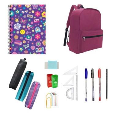 Imagem de Kit Material Escolar Mochila Fundamental Médio Faculdade Feminino Menina Juvenil Básico Rosa