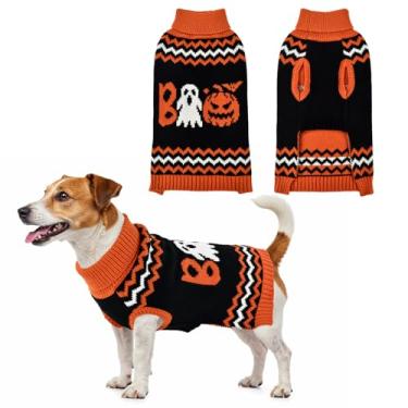 Imagem de LyssKMK Suéter listrado de Halloween com estampa de fantasma de abóbora para animais de estimação, roupas festivais, letras boo, fantasia de Halloween para cães pequenos, médios e grandes, P