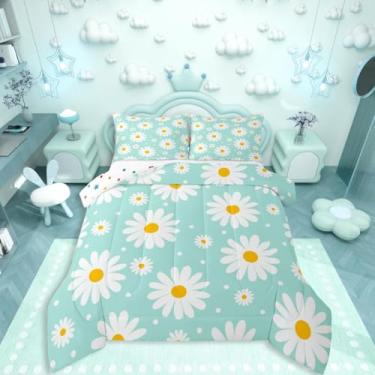 Imagem de Erosebridal Conjunto de edredom floral azul-petróleo fofo margarida para jardim, plantas e flores, tamanho casal para crianças, adolescentes, adultos, decoração estética moderna, conjunto de cama com