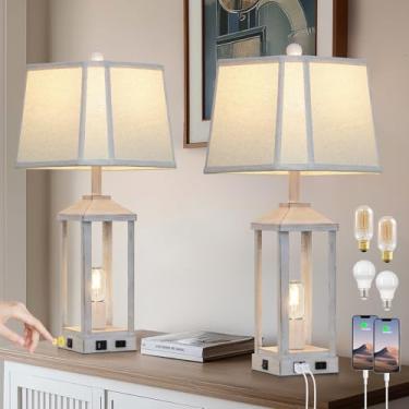 Imagem de Conjunto de 2 candeeiros de mesa vintage de 71 cm para sala de estar, luminária de mesa de cabeceira industrial de fazenda com USB C + A e tomada, lâmpadas brancas de cabeceira para mesa de canto com