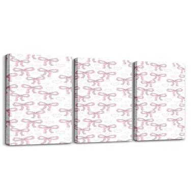 Imagem de jejeloiu Arte de parede em tela com laço para sala de estar quarto decoração de pintura de laço rosa colorido para crianças meninos meninas imagem arte gravata borboleta pôsteres impressões 30,5 x