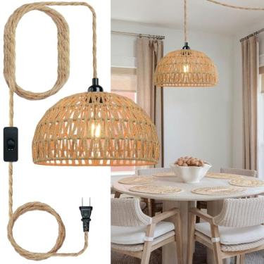 Imagem de kolnlala 1 lustre boêmio de vime de fazenda, luz de teto de vime tecida à mão com interruptor, luminária suspensa DIY para cozinha, ilha, sala de jantar, quarto, sala de estar, hall de entrada (marrom