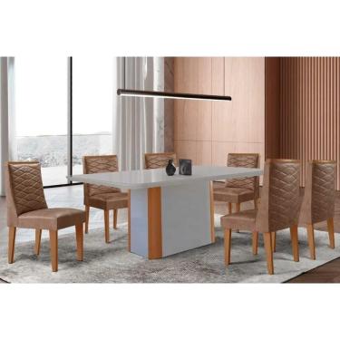 Imagem de Conjunto Sala de Jantar Pietá c/ Tampo Madeirado c/ Vidro Canto Curvo 180x90cm e 6 Cadeiras Maldivas Madeira Maciça Naturale/Off White - Capuccino/Cor