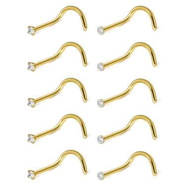 Imagem de Hoeudjo Kit de anéis de nariz de zircônia cúbica de aço cirúrgico para mulheres e homens minúsculos parafusos de nariz e osso e joias de piercing de narina em forma de L calibre 22-18 10 peças, 22g
