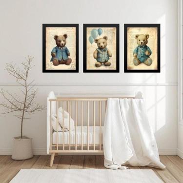 Imagem de Kit 3 Quadros Quarto Bebê Ursos Vintage 45X34Cm - Com Vidro