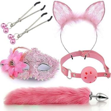 Imagem de Kit Rabo de Raposa com Tiara de Orelhas, Grampos para Seios em Aço, Gargantilha e Máscara, Rosa, 7cm Comprimento, Plug Anal Aco com Rabo Rosa