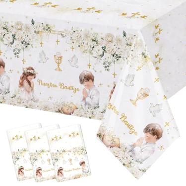 Imagem de MEHOFOND Pacote com 3 toalhas de mesa de batismo Nuestro Bautizo, branco, floral, primeira comunhão, capa de mesa retangular para festa de batismo Primera Comunion Bautizo para decorações de festa de