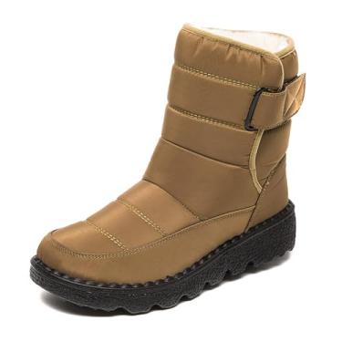 Imagem de Botas de neve femininas de tecido impermeável com gancho e laço, confortável, bico redondo, forro de pelúcia, sem cadarço, botas de inverno impermeáveis para atividades ao ar livre, montanhismo, lazer