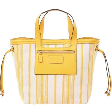 Imagem de Tommy Bahama Bolsa grande listrada de lona, bolsa de verão, acabamento de couro, alças duplas, interior espaçoso, amarelo e branco